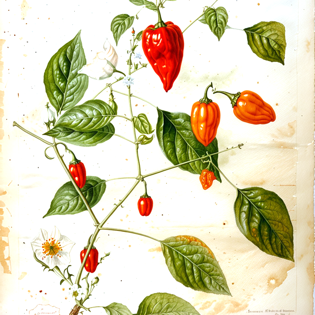 Ilustración botánica de Capsicum chinense
