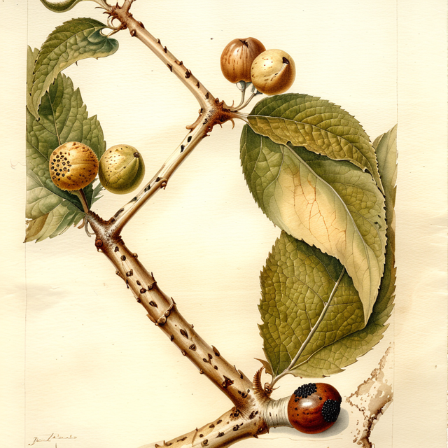 Ilustración botánica de Celtis iguanaea
