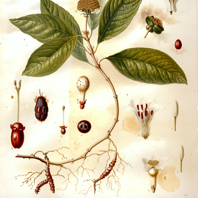Ilustración botánica de Cephaelis ipecacuanha