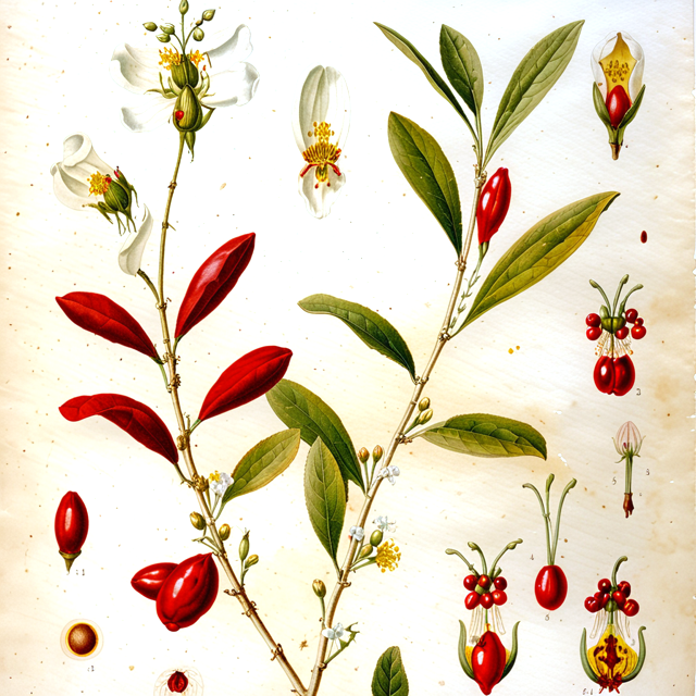 Ilustración botánica de Erythroxylum coca