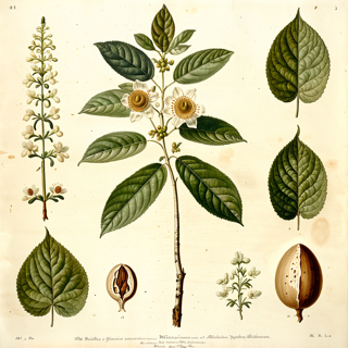 Ilustración botánica de Mitragyna speciosa