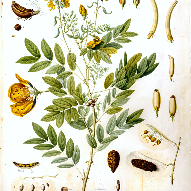 Ilustración botánica de Senna birostris