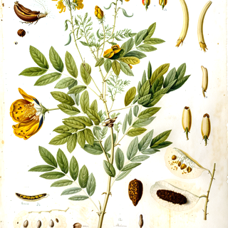 Ilustración botánica de Senna birostris